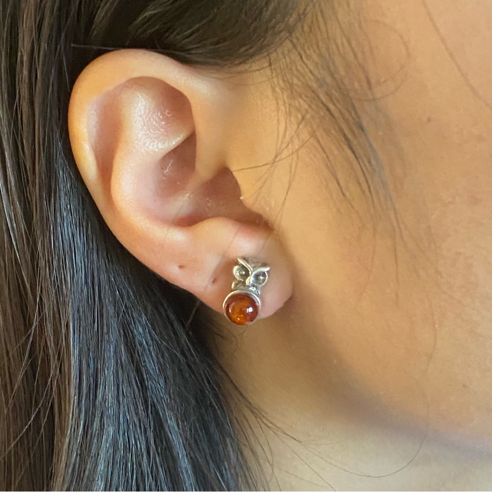 Sterling Silver Amber Stone Owl Stud Earrings for pierced ears.